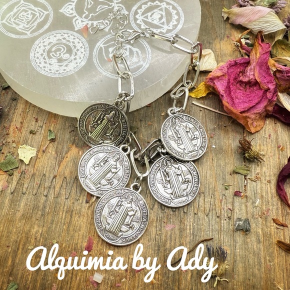 Multi Saint Benedict medals curb link silver charms statement bracelet - Picture 1 of 1